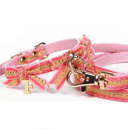 Collar/Leash Set Velvet Pink/Gold w Bow 