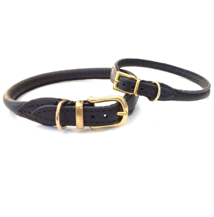 Round Leather Collar w Brass Buckle - Black