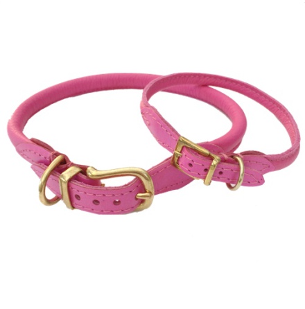 Round Leather Collar w Brass Buckle - Pink