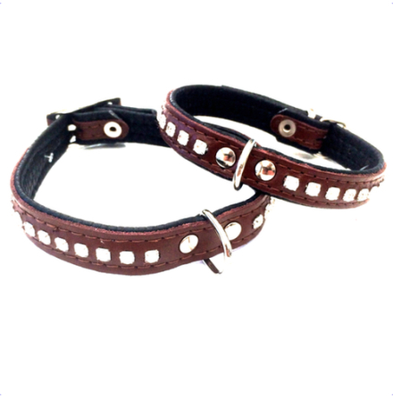 Leather Collar with Rhinestones - Brown