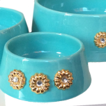 Handmade Ceramic Bowl w. Gold Plated Flowers - Turquoise