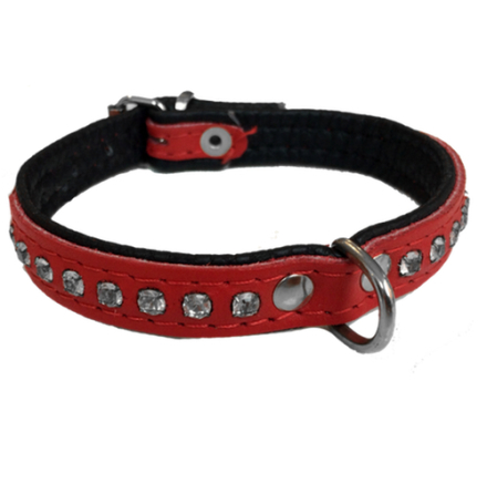 Leather Collar with Rhinestones - Red