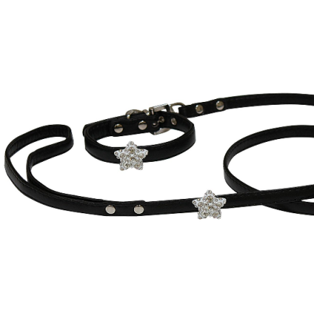 Collar &amp; Leash Set Art Leather Black w Star