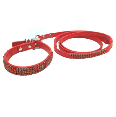 Collar/Leash Set w Crystals - Red  L:22-27cm Tot:30cm
