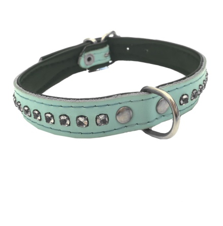 Leather Collar with Rhinestones - Baby blue