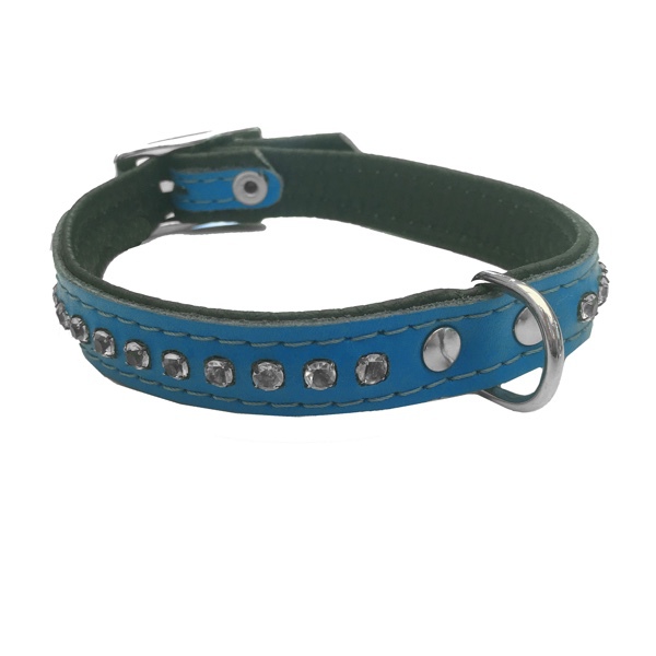 Leather Collar with Rhinestones - Blue