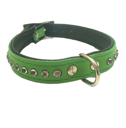 Leather Collar with Rhinestones - Green