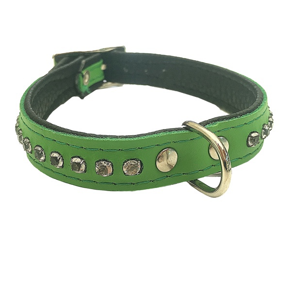 Leather Collar with Rhinestones - Green