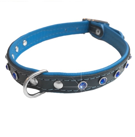 Jax Leather Collar w Colored Crystals - Black/Blue
