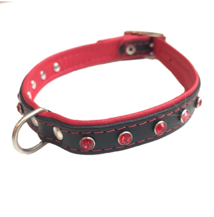 Jax Leather Collar w Colored Crystals - Black/Red 