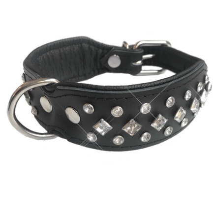 Christy Leather Collar w Clear Crystals - Black