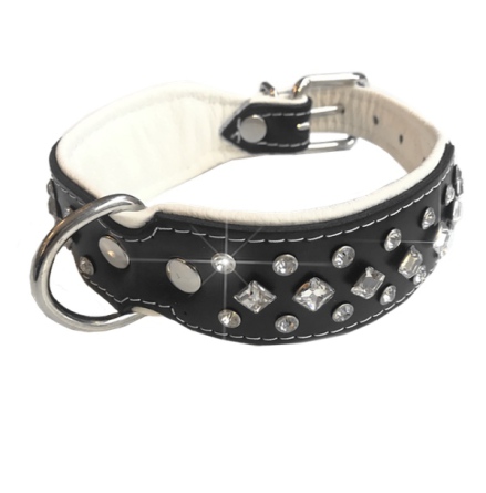 Christy Leather Collar w Clear Crystals - Black/White
