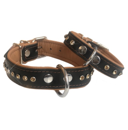 Vermont Leather Collar w Colored Crystals - Black/Brown W: 2cm