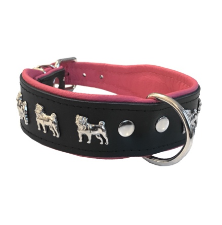 Dogville Collar w Dog Decorations Pug - Black/Pink 
