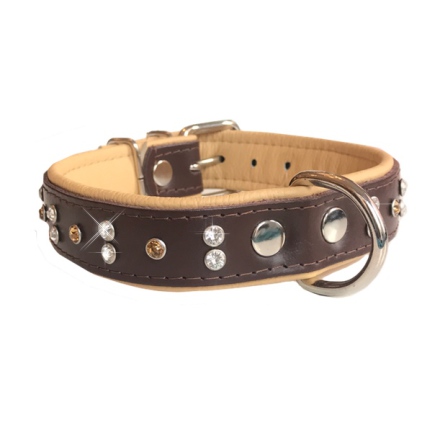 Orion Leather Collar w Colored Crystals - Brown/Beige 