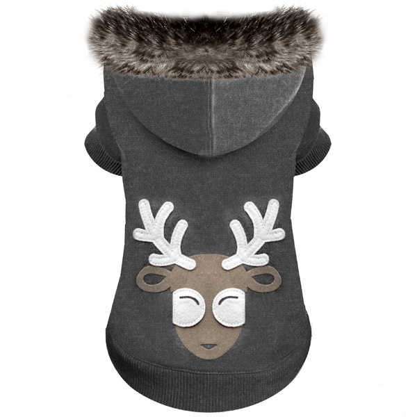 Reindeer Hoodie with Fur Brim - Grey