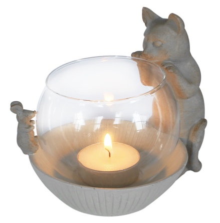 Tealight Holder Cat and Mouse - Beige 14x11x12cm