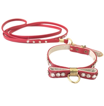 Collar and Leash Set Jewel Bow - Red