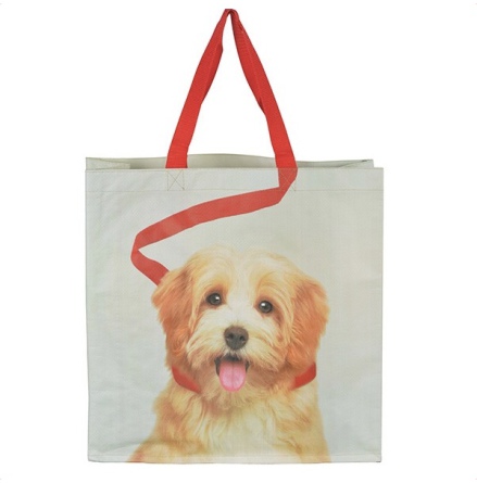 Shopping Bag w Dog in Leash - Grey/Beige/Red 40x40cm